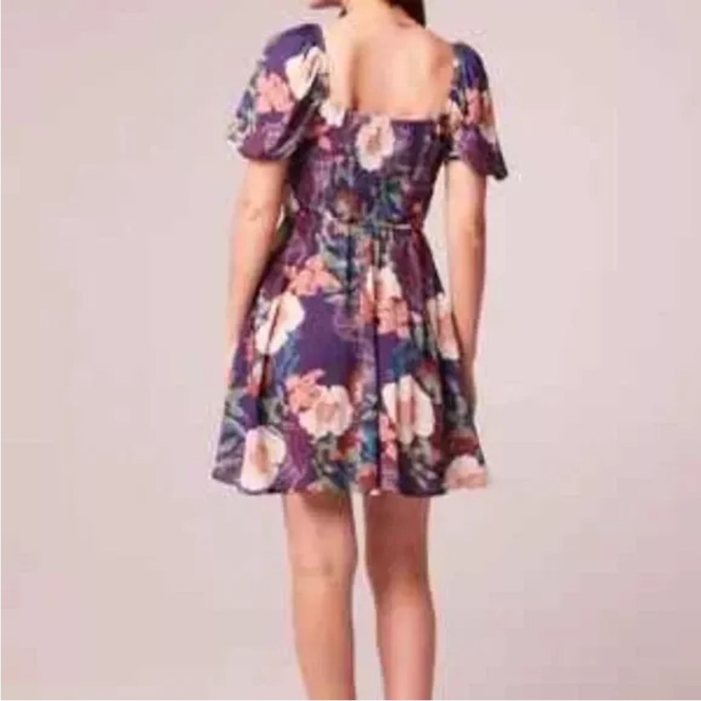 Band of Gypsies Aimee Purple Ivory Puff Sleeve Floral Mini Dress M NWT - Picture 3 of 8